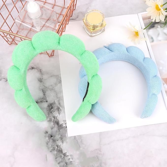 AMCAMI Puffy Spa Headband for Women Sponge Headbands for Girls 2 PCS Terry Towel Cloth Fabric Head Band for Skincare,Makeup Removal,Face Washing,Facial Mask,Shower,Hair Accessories（Blue&Light Green）
