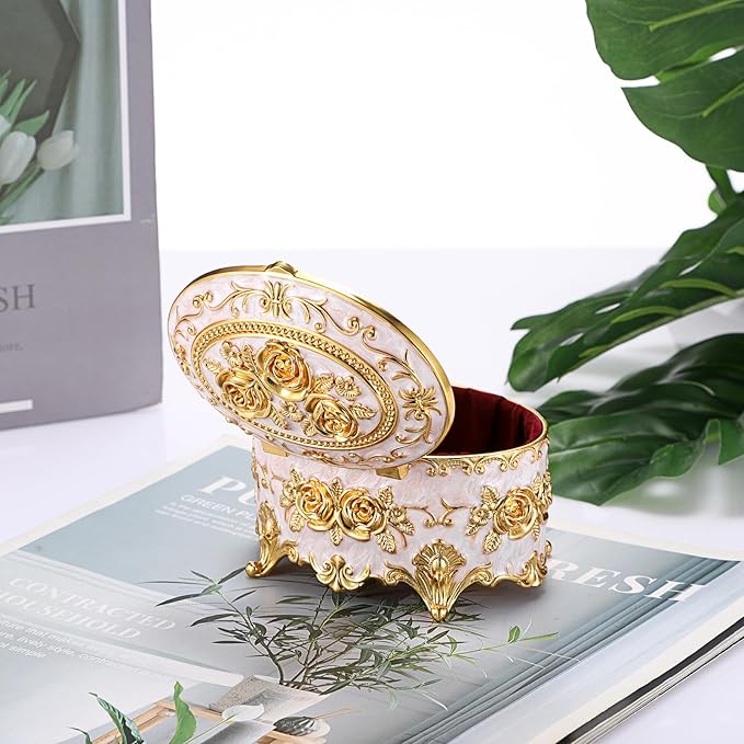 Hipiwe Vintage Metal Jewelry Box - Oval Trinket Organizer Ring Box Case with Rose Pattern Jewelry Storage Box for Ring Earrings Necklace, Gift for Women