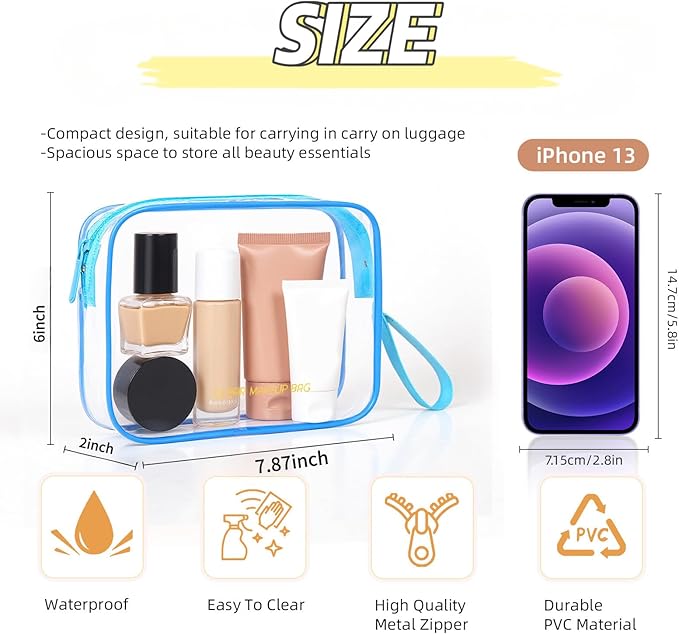 Clear Makeup Bag,2 Pack TSA Approved Toiletry Bag Travel Toiletry Bag Hanging Makeup Cosmetic bag for Women Men (Blue)