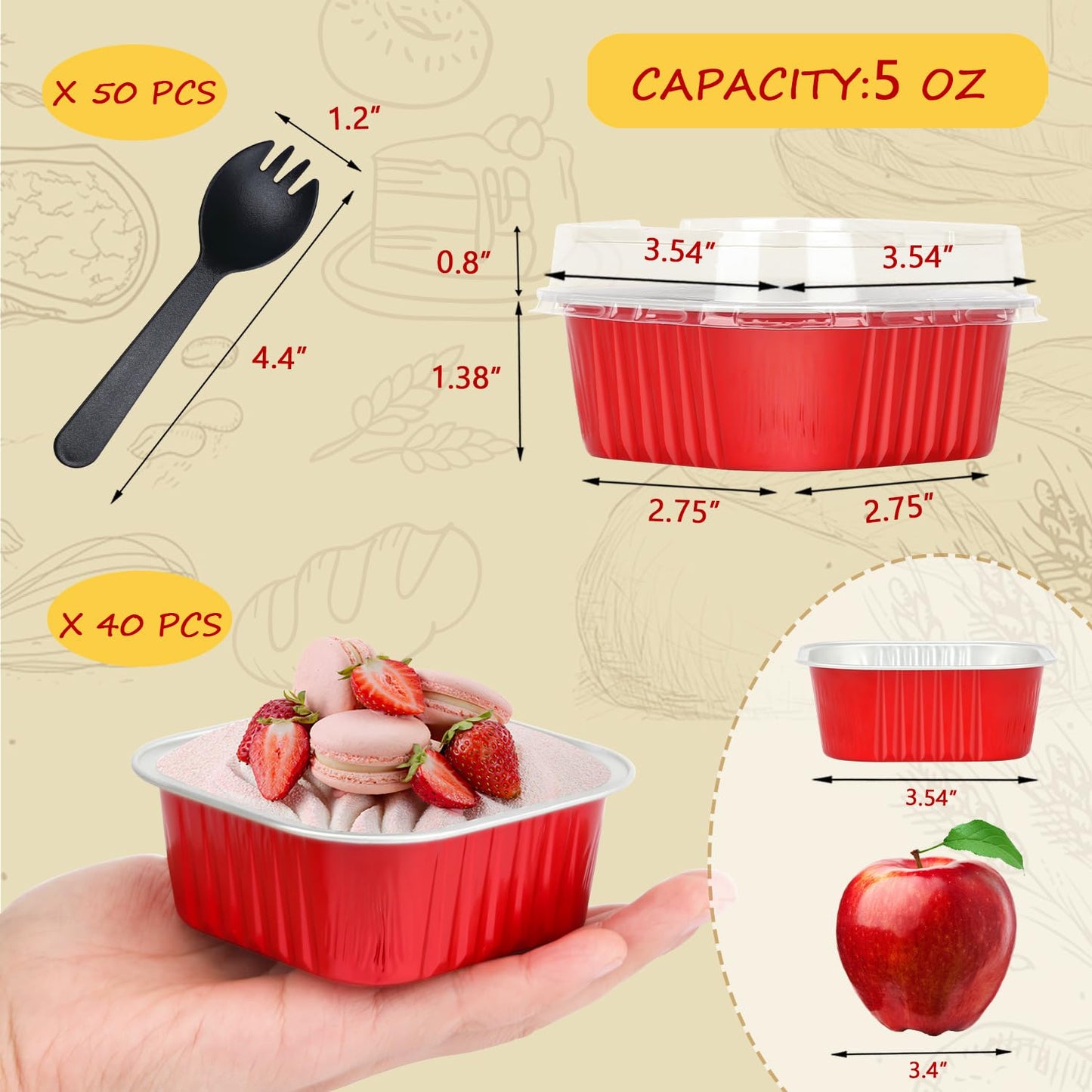 LNYZQUS 5oz Cupcake Pans Disposable Ramekins 40 Pack, Aluminum Foil Cupcake Liners With Lids,Square Brownie Mini Cake Baking Pans,Cupcake Cups Muffin Tin Holders-Red