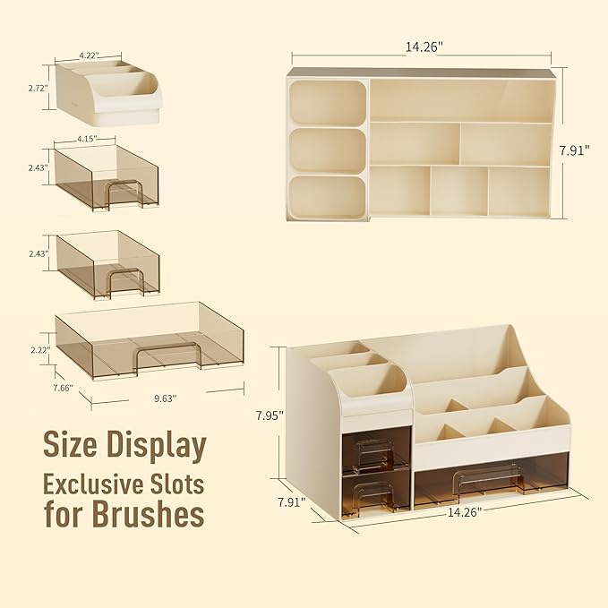 Makeup Organizer with Drawers,Large Cosmetic Storage Box,Countertop Skincare Organizer,ABS Makeup Brush Holder for Bathroom,Desk,Dresser,Multifunctional Beauty Display Case,Cream transparent