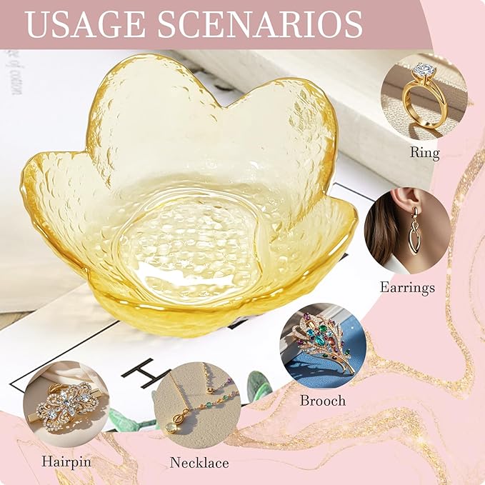 Yellow Flower Ring Dish Jewelry Dish Glass Jewelry Tray Small Trinket Tray Ring Holder Dish Cute Room Decor Aesthetic Bathroom Decor House Warming Engagement Birthday Gifts for Women Stocking Stuffers