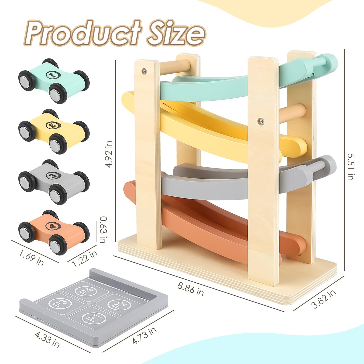 Joyreal Montessori Toys for 1 2 Year Old Boys and Girls - Soft Color Wooden Car Ramp Race Track Set with 4 Mini Cars & Garage - Christmas Birthday Gifts for Toddlers 1-3 Year Old