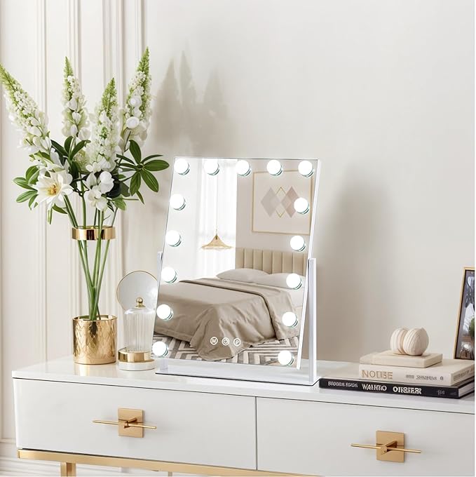 Vanity Mirror with Lights, 17'' x 13'' Lighted Makeup Mirror for Desk, Hollywood Mirror with 15 Dimmable Bulbs, 3 Color Modes, Smart Touch Control, 360°Rotation, Gifts for Girls