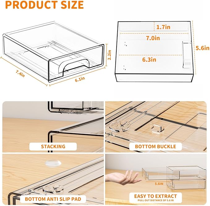 Yieach 2.2'' Tall Small Clear Stackable Storage Drawers,2 Pack Stacking Acrylic Organizers Drawers for Hair Accessories,Makeup,Pen,Art Crafts,Office Supply Organizer and Desktop Plastic Mini Drawers