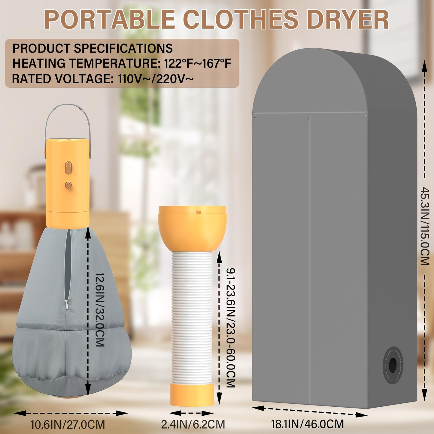 Domivans Portable Clothes Dryer - Compact Dryer for Travel, RV, Apartment, Home Detachable Mini Drying Machine with Fabric Cover for Light Clothes, Underwear|Yellow