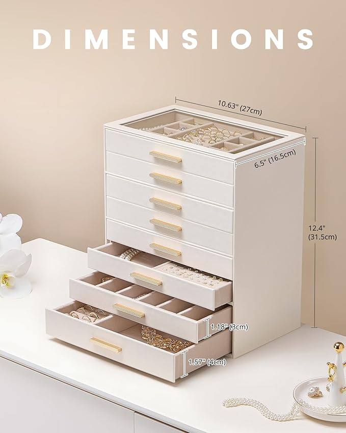 Lolalet Jewelry Box Organizer, 8-Layer Jewelry Organizers and Storage Case with Glass Lid, Ring Earring Bracelet Necklace Holder Organizer, Birthday Valentine Gifts for Women Girls -8Layer, Beige