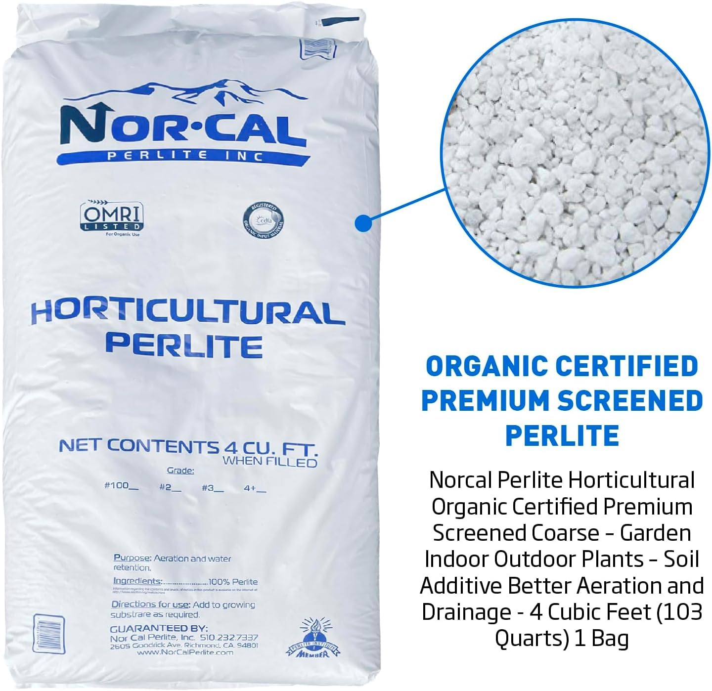 Norcal Perlite Horticultural Organic Certified Premium Screened Coarse Garden Indoor Outdoor Plants Soil and Drainage 4 Cubic Feet (103 Quarts) 1 Bag