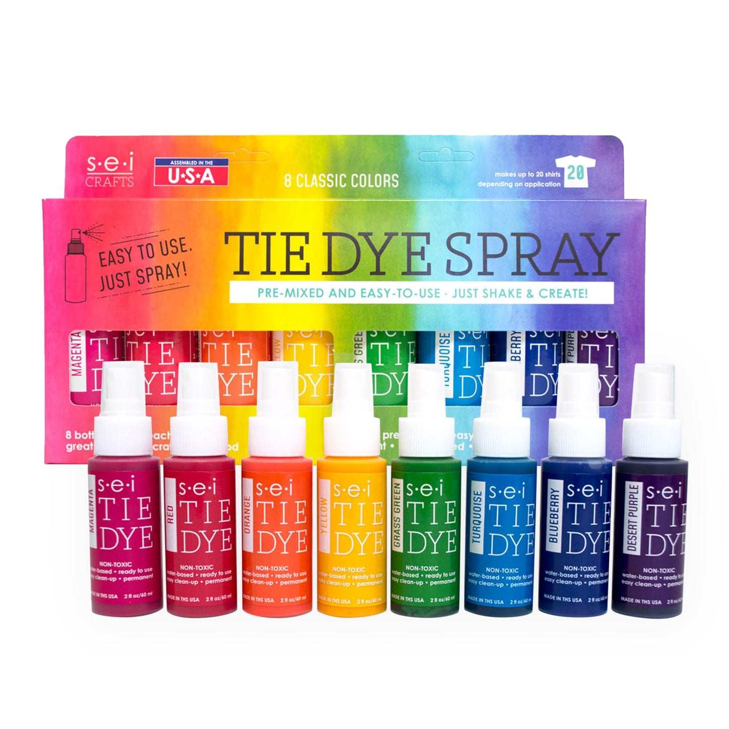 SEI 8 Pack Classic Tie Dye Spray Kit, Tye Dye Kits for Large Groups, Pre-Mixed Water Based Fabric Dye, Spray Bottle Included, Spray Paint for Clothes