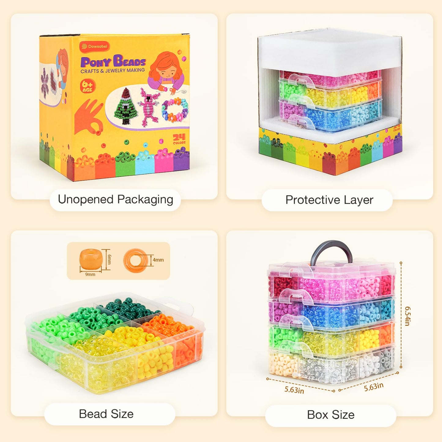 4800PCS Pony Beads Bulk, 24 Colors Kandi Beads 6x9mm Large Hole for Friendship Bracelets, Jewelry Making, Hair Braiding, DIY Art Craft Mothers Day Gifts - Shockproof Protective Gift Packaging