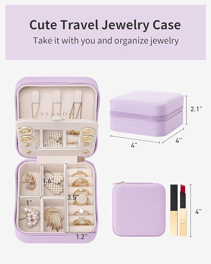 VLANDO Small Travel Jewelry Box Organizer - Girls Women Gift Rings Earrings Necklaces Jewelry Storage Display Case with Mirror Purple