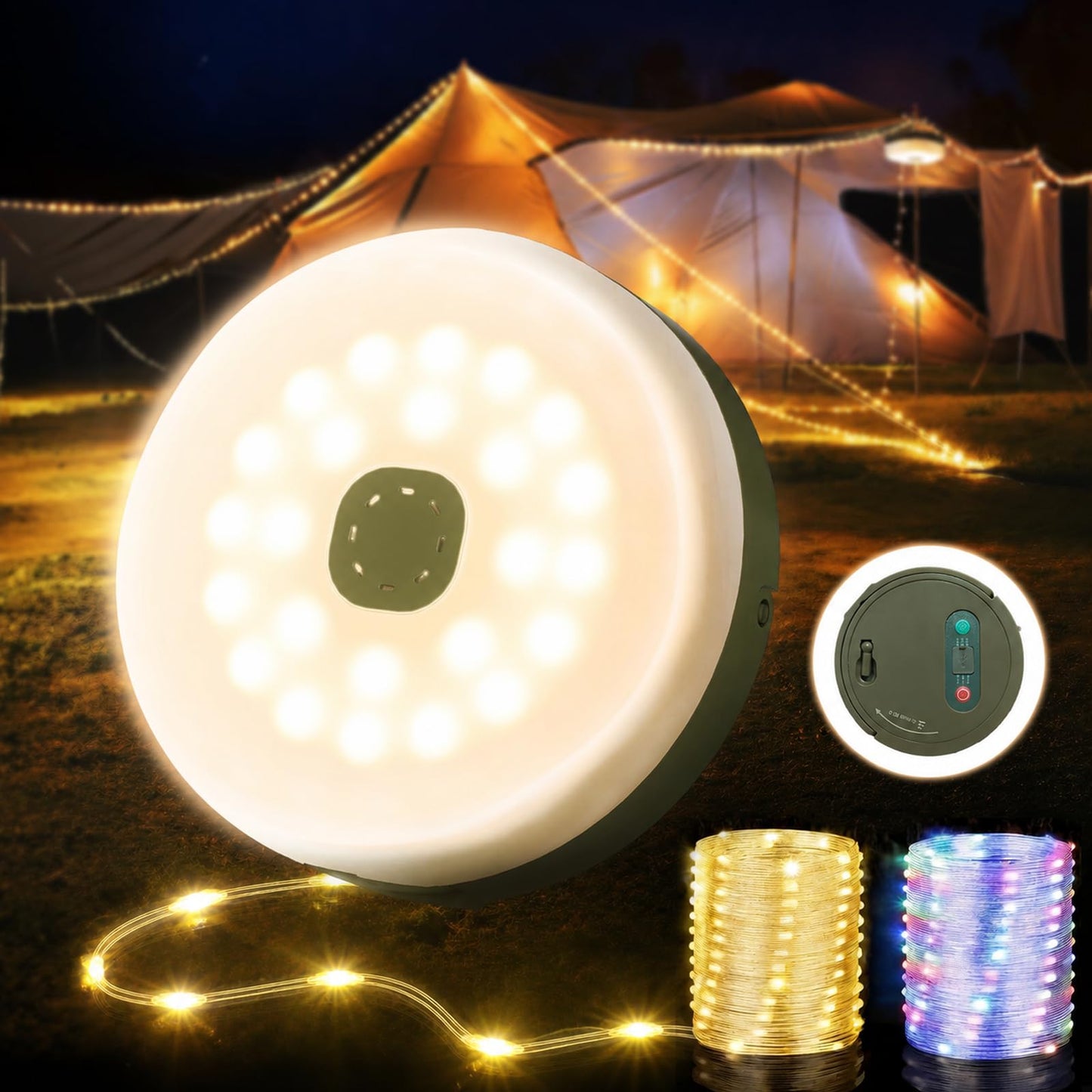 KUQIHUG Camping String Lights, 32.8FT Rechargeable Camping Lights with Quick Storage Reel, 8 Modes Waterproof Hanging LED Camping Lights for Tent, RV Awning, Patio and Outdoor Camping Gear Essentials