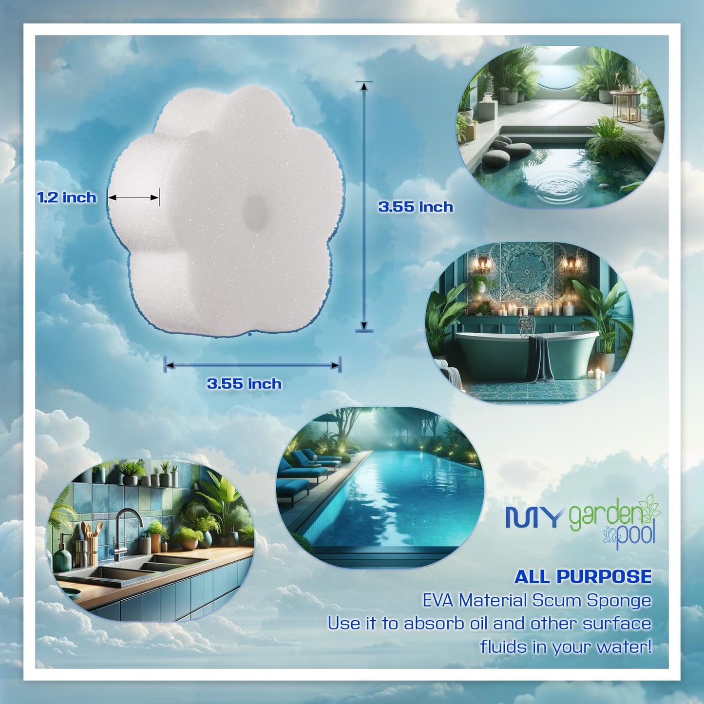 Sirona Simply Hot Tub Care Kit: Waterline Cleaner, Oxidizer, Non-Chlorine Sanitizer with My Garden Pool 20 Ct. Test Strips & Scum Sponge Flower Oil-Absorbing Sponge for Hot Tubs and Pools