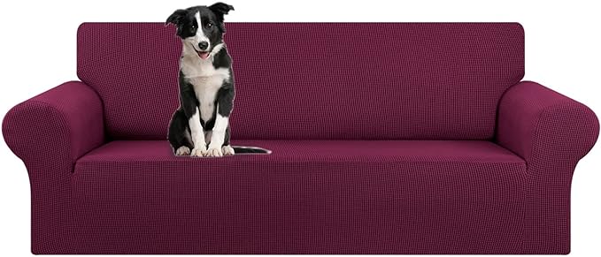 KEKUOU Stretch Oversized Sofa Slipcover 1 Piece Couch Sofa Cover (94"-110") Furniture Protector 4 Seater Sofa with Elastic Bottom for Kids,Pet.Jacquard Checked Pattern Fabric(X Large,Wine)