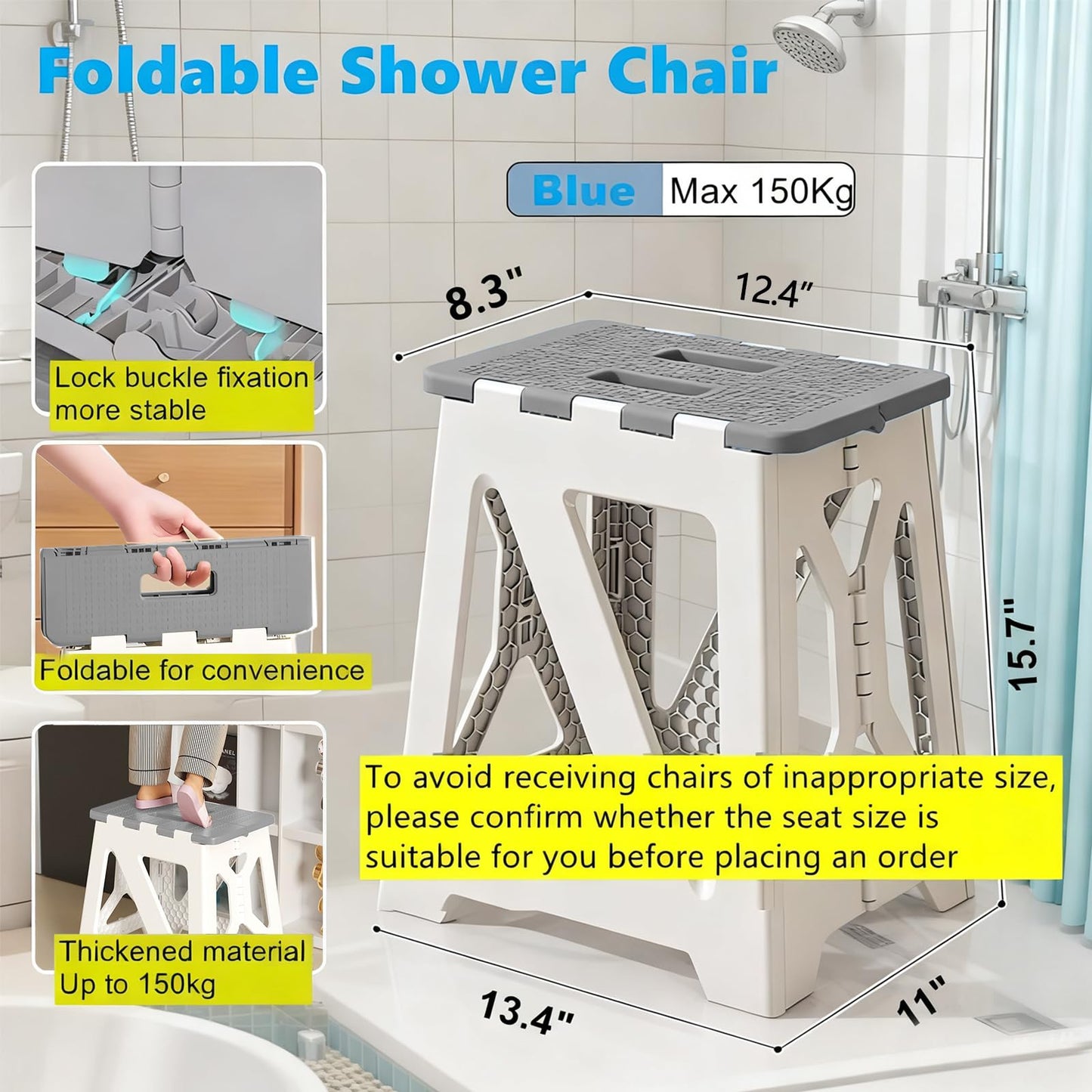 VAVAKG Foldables Shower Chair Seats for Inside Shower Stool Bench Folding Foldables Stools Adults Elderly and Disabled Seats Tub Benches Bathroom (Grey Seat Size Foldable ShowerChair 15.7x8.3x12.5)