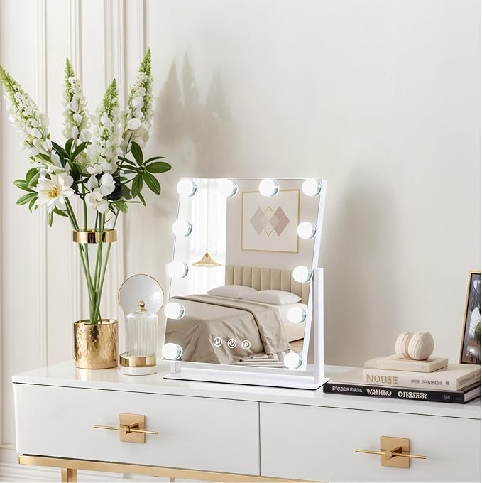 Vanity Mirror with Lights, 13'' x 11'' Lighted Makeup Mirror for Desk, Hollywood Mirror with 12 Dimmable Bulbs, 3 Color Modes, Smart Touch Control, 360°Rotation, Gifts for Women