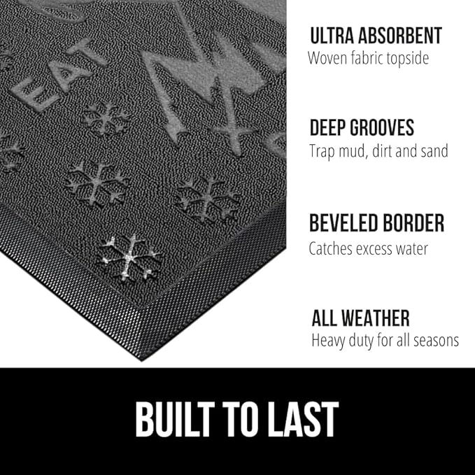 GORILLA GRIP 100% Waterproof All-Season WeatherMAX Doormat, US Designed Natural Rubber, Stain and Fade Resistant, Low Profile Indoor Outdoor Door Mats, Easy Clean Patio Mat, 17x29, Graphite Skiing