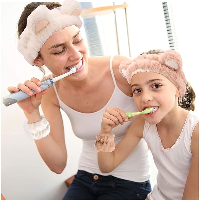 Bear Ears Spa Wristband Set - Cute Animal Skincare Headband for Washing Face - Fluffy Elastic Face Wash Hair Band for Women & Girls - Trendy Stuff (White Khaki)