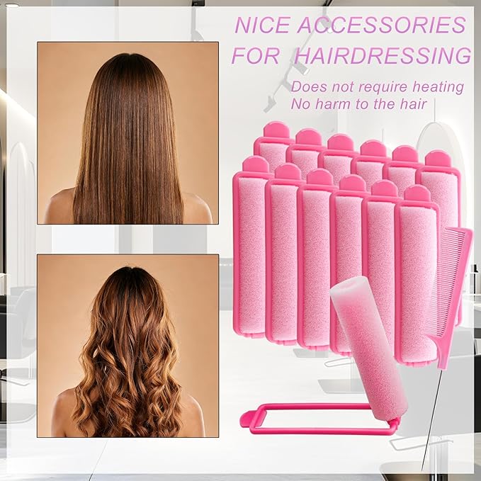 44 Pcs Foam Sponge Hair Rollers Set 0.59 Inch Flexible Hair Styling Sponge Curler Soft Sleeping Hair Curlers and Stainless Steel Rat Tail Comb Pintail for Hairdressing Styling(Pink)
