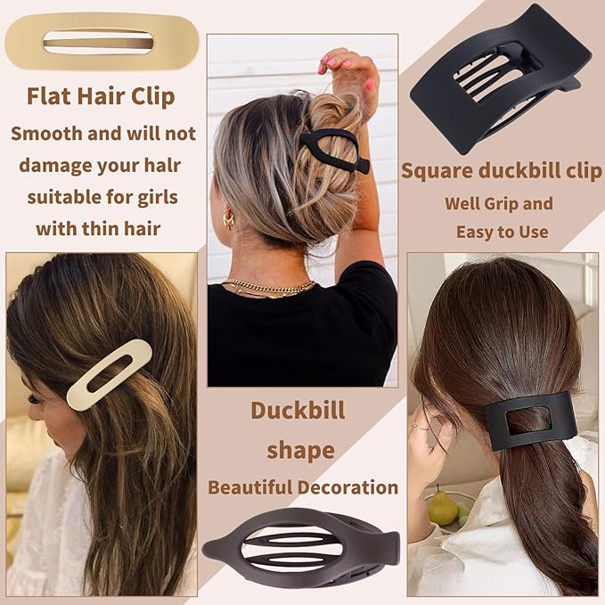 12 Pack Flat Hair Clips for Women-3 Styles Matte Neutral Flat Claw Clips, Black, Blonde,Light Brown & Dark Brown, Thick & Thin Hair Styling Accessories