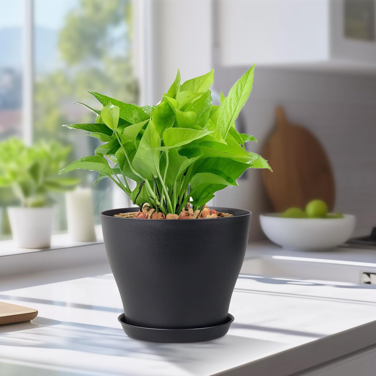 Meowell 6 inch Plastic Nursery Pots, 16 Pack Plant Pots for Small Indoor Outdoor Plants, Flower Pots with Drainage Holes and Saucers, Decorative Seedling Starter Planters for House Plants, Black
