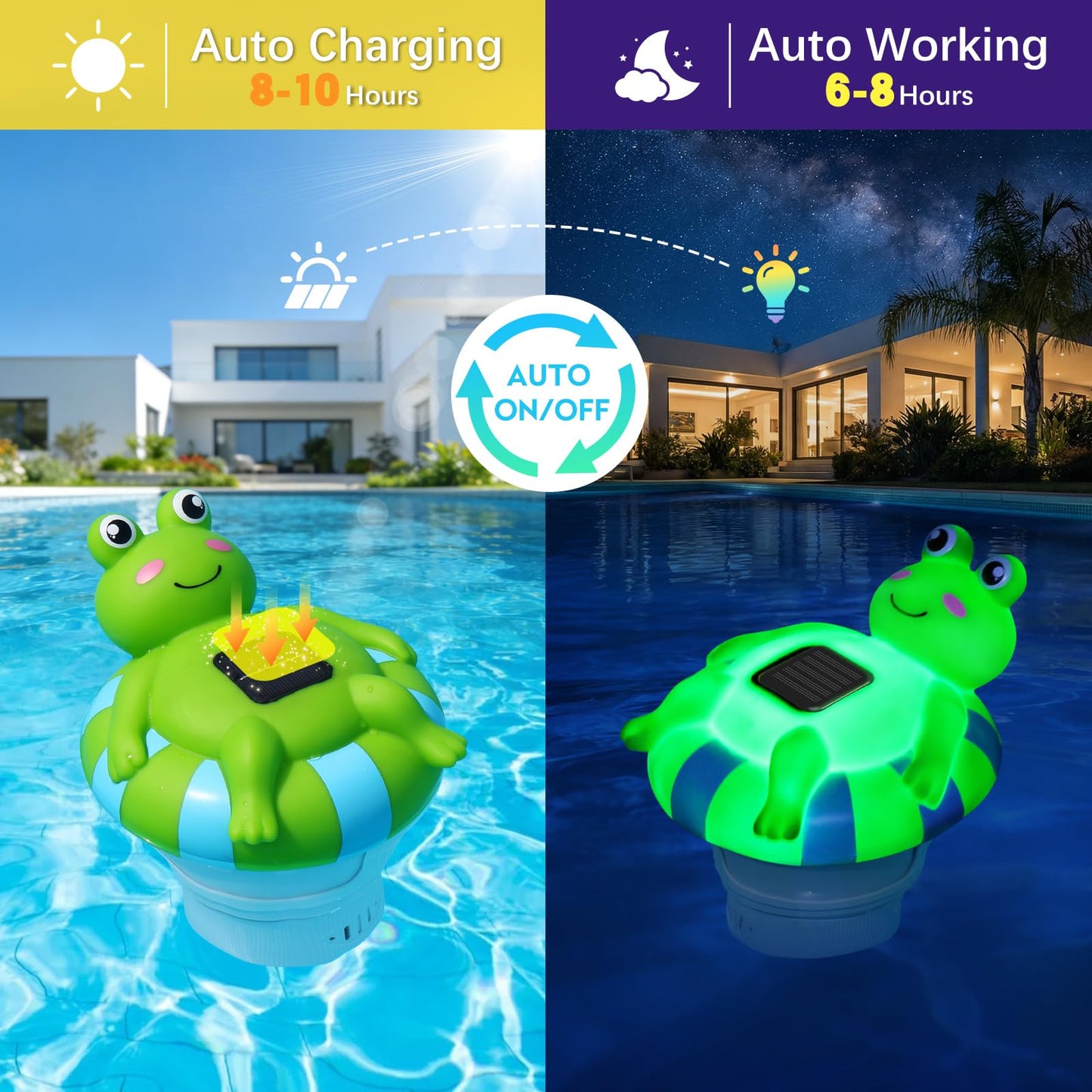 Uekars Solar Frog Pool Chlorine Floater for 3 Inch Tablets, Chlorine Tablet Floater w/Adjustable Release, Glow in Dark, Large Capacity Floating Chlorine Dispenser for Pool, Hot Tub,Spa,Blue-Green,9In