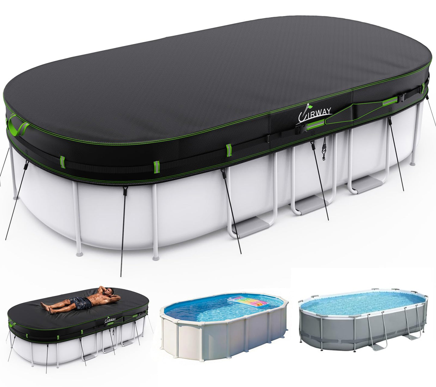 UIRWAY 500D Pool Cover 10x16FT Oval [2026 Upgraded Heavy Duty Fabric] Solar Pool Covers for Above Ground Pools, Swimming Pool Covers Including Windproof Straps and Luminous Ground, UV Resistant