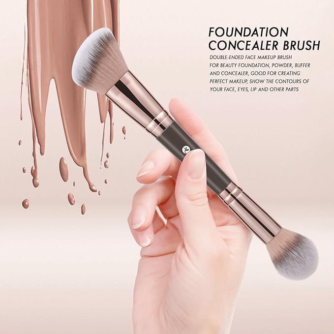 KINGMAS Foundation Makeup Brush, Double Ended Bronzer Brush Angled & Round Contour Brushes for Beauty Blending Liquid Powder, Concealer Cream Cosmetics Blush (Brown)