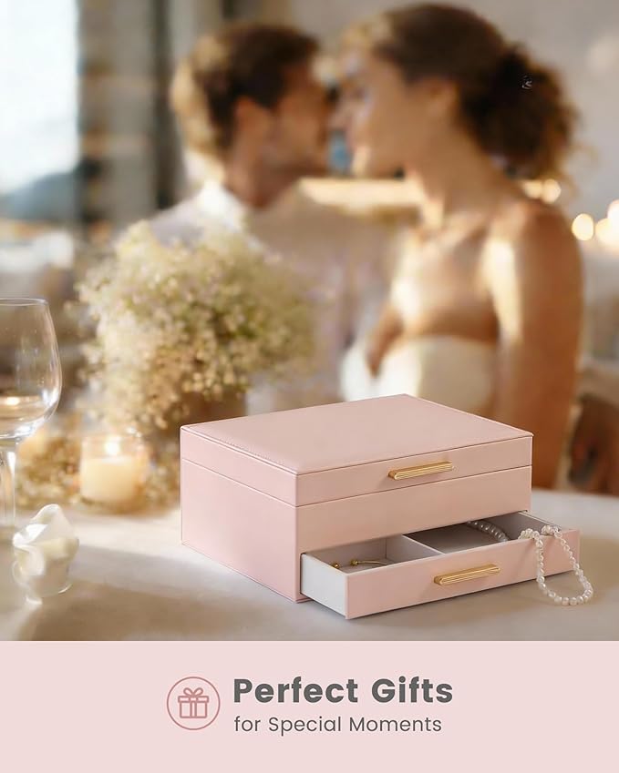 Lolalet 2-Layer Jewelry Box Organizer for Women Girls, Jewelry Storage Case Holder with Drawers for Necklaces Ring Earrings Bracelet Watch, Gifts for Galentines Valentines Girlfriend Wife -Pink