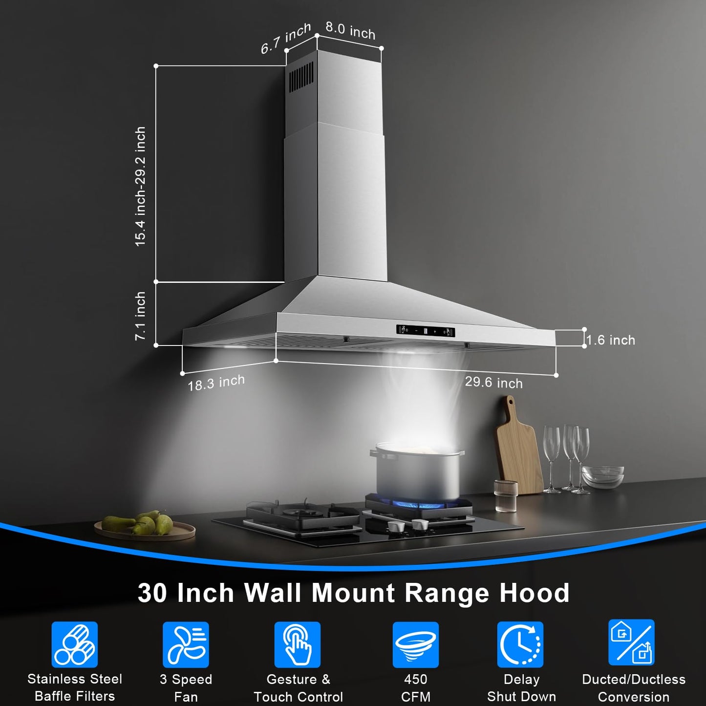 Range Hood 30 inch Stainless Steel, Wall Mount Stove Hood Ducted/Ductless Convertible with 3 Speed Kitchen Vent Hood, Touch Control, Energy-saving LED Lights, 5-Layer Aluminum Filters