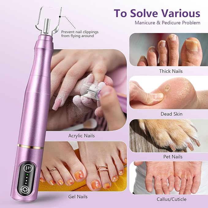 Cordless Nail Drill Electric Nail File Kit, Rechargeable Efile Set, Portable Acrylic Gel Nail Polish Remover Machine, Pedicure Manicure Tool, 11 Bits, 56 Sanding Bands, Salon Home, Purple