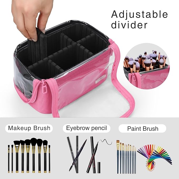 TANTO Makeup Brush Case Stand-up Makeup Cup Makeup Brush Holder Travel Professional Cosmetic Bag Artist Storage Bag Large Makeup Bag with Adjustable Divide (Rose Pink, 1-Large)