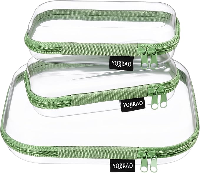 YQBRAO 3-Pack Clear Hard Shell Zipper Case Green, 1.2mm Heavy-Duty Crush-Proof Travel Makeup Bag, TSA Approved Clear Zipper Pouches, Rigid Toiletry & Diaper Bag Organizer for Tech, Toys & Art Supplies