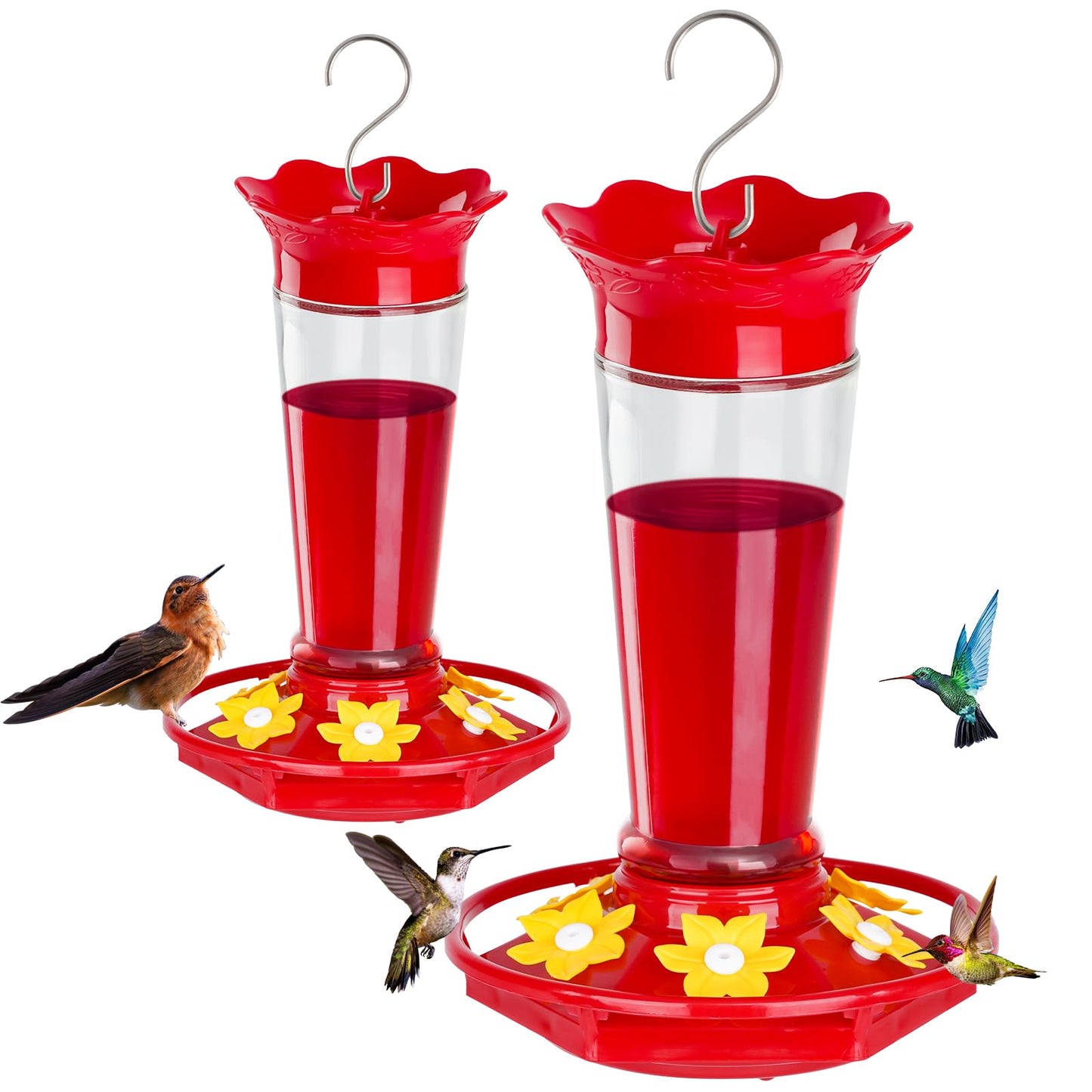 FEED GARDEN 10oz Plastic Hummingbird Feeders for Outdoors - 2 Pack, Ant & Bee Proof, 6 Feeding Ports, Easy Clean Red Nectar Feeders for Outside Hanging, Gifts for Mom