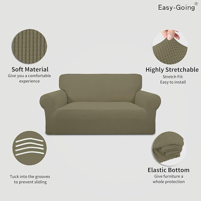 Easy-Going Stretch Loveseat Slipcover 1-Piece Sofa Cover Furniture Protector Couch Soft with Elastic Bottom for Kids Polyester Spandex Jacquard Fabric Small Checks (Loveseat, Khaki)