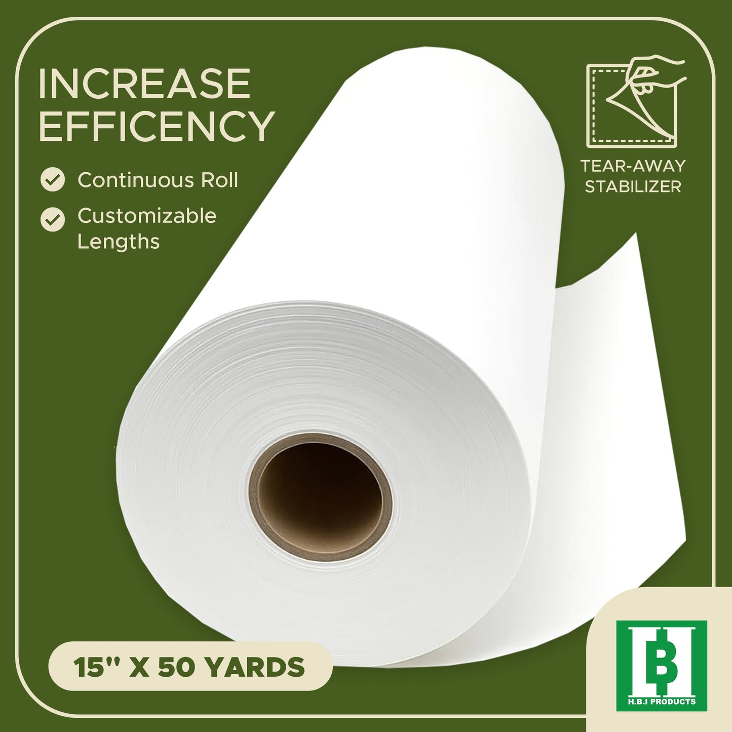 HBI H.B.I. Products Tear Away Embroidery Stabilizer 1.8 oz Medium Weight 15" x 50 Yd Roll for Machine and Hand Embroidery