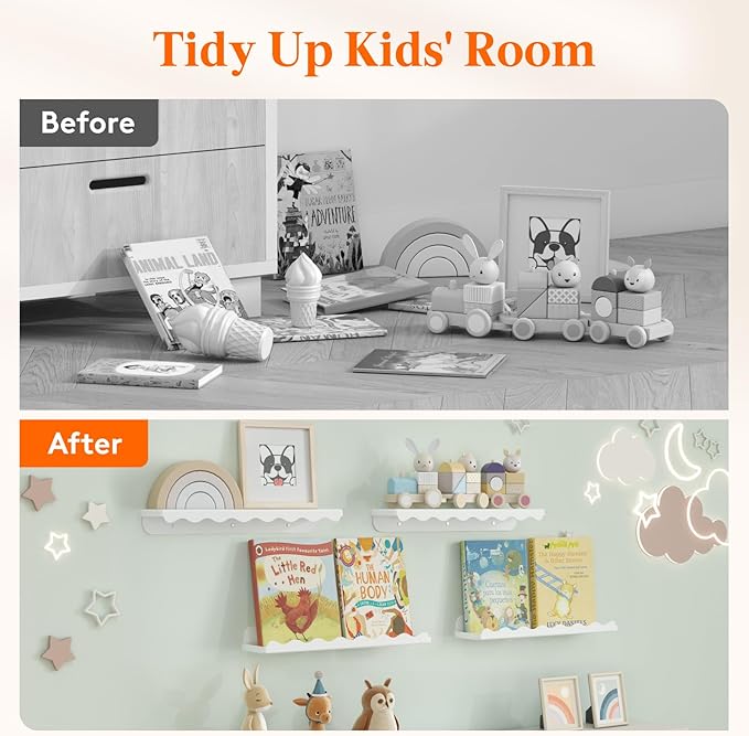 Lifewit Plastic Nursery Floating Book Shelves 12 Pack, 15"x3.4" White Clouds Plastic Wall Shelf for Bedroom Kids, Hanging Bookshelf Racks for Baby Toddler Children Room Decor, White