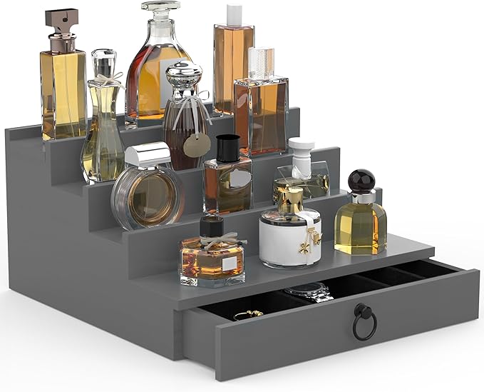 upcessory Cologne Organizer for Men, 4 Tier Black Wood Perfume Organizer with Felt Lining Drawer and Hidden Compartment, Perfume Display Holder, A Gift for Men
