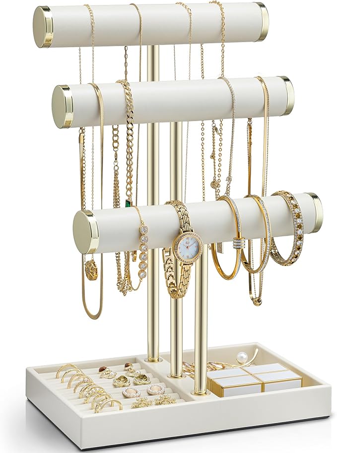 VLANDO 3 Tier Bracelet Holder Organizer with Tray - Leather Jewelry Stand Organizer for Women - Jewelry Holder Display for Necklace, Watches, Rings, Earrings, Bangle, Scrunchie - Cloud White
