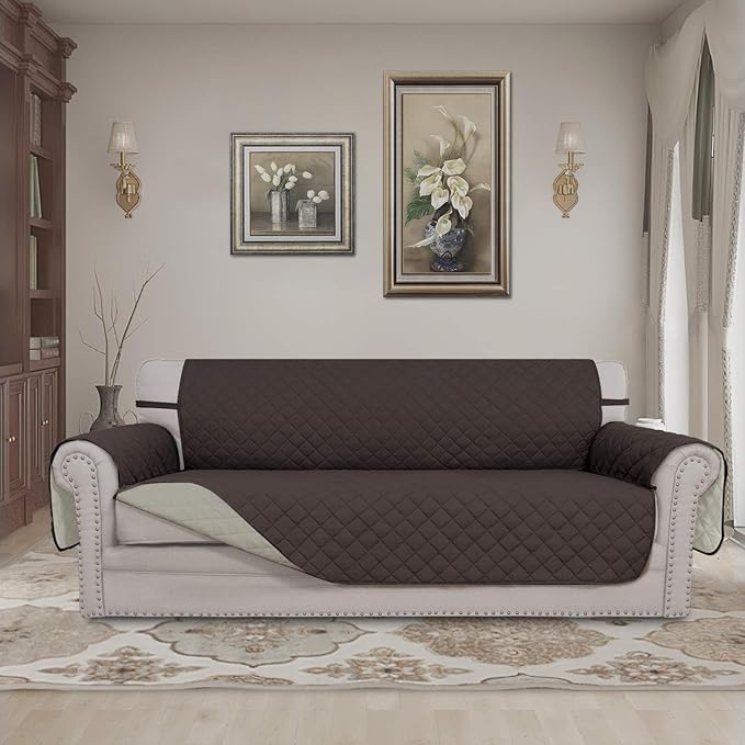 Easy-Going Reversible Couch Cover for 3 Cushion Couch Sofa Cover for Dogs Water Resistant Furniture Protector Cover with Foam Sticks Elastic Straps for Pet Cat (Sofa, Chocolate/Beige)