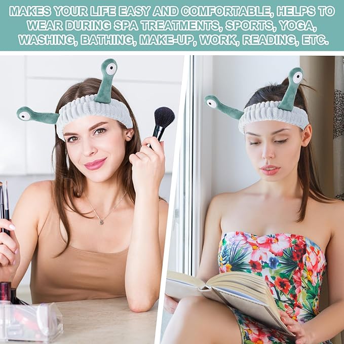 Face Wash Headband, Palm and Snail Spa Hair Bands Makeup Headbands Women Cartoon Cute Coral Fleece Elastic Headband Creative Hair Accessories for Washing Face Shower Sports (Blue&Green)