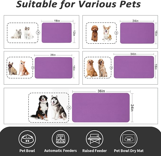 Dog Food Mat - Absorbent Cat Mat for Food and Water, No Stains Pet Feeding Bowl Mat, Easy to Clean Pet Placemats, Quick Dry Dog Water Dispenser Mat for Messy Drinkers | Purple 24"x36"