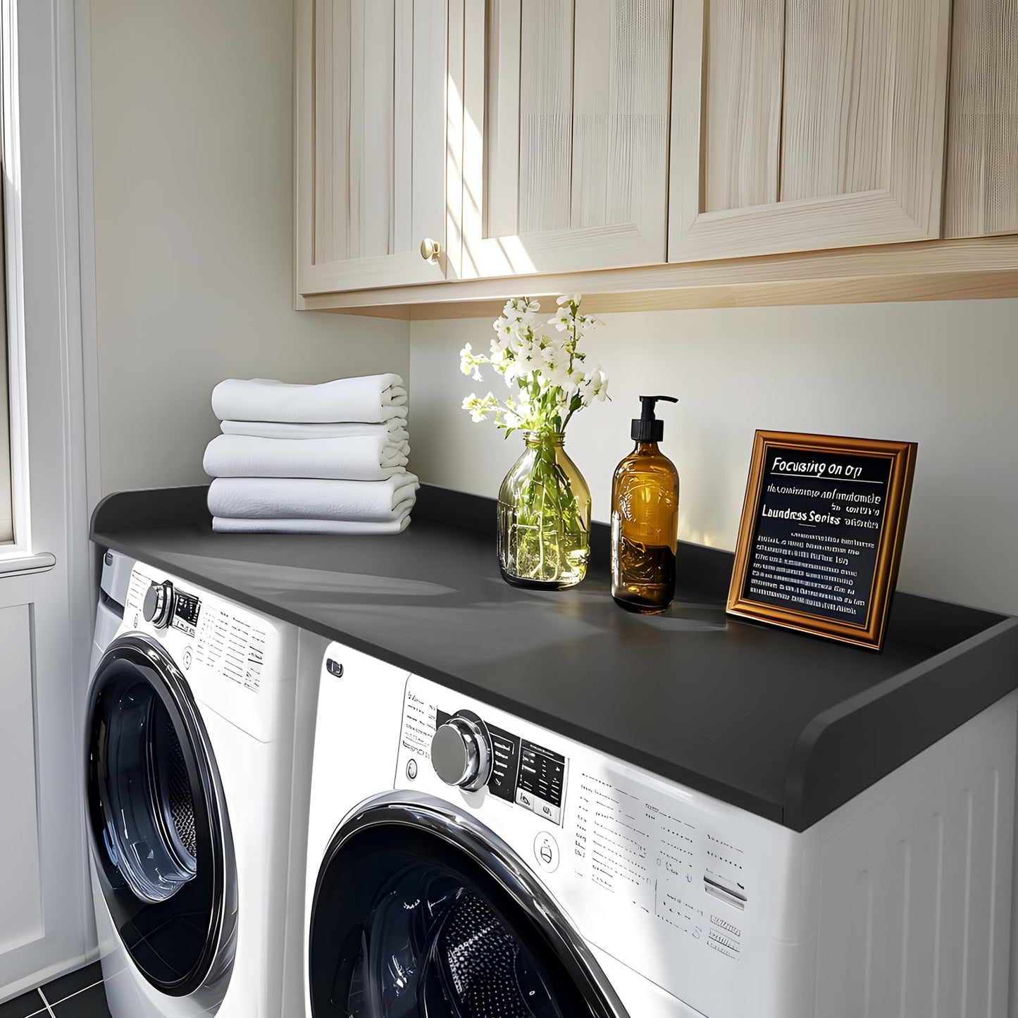 Kaboon Washer Dryer Countertop Only, Melamine Countertop with Edge Rails - 27.5" Depth x 54" Width Laundry Room Organization, Black