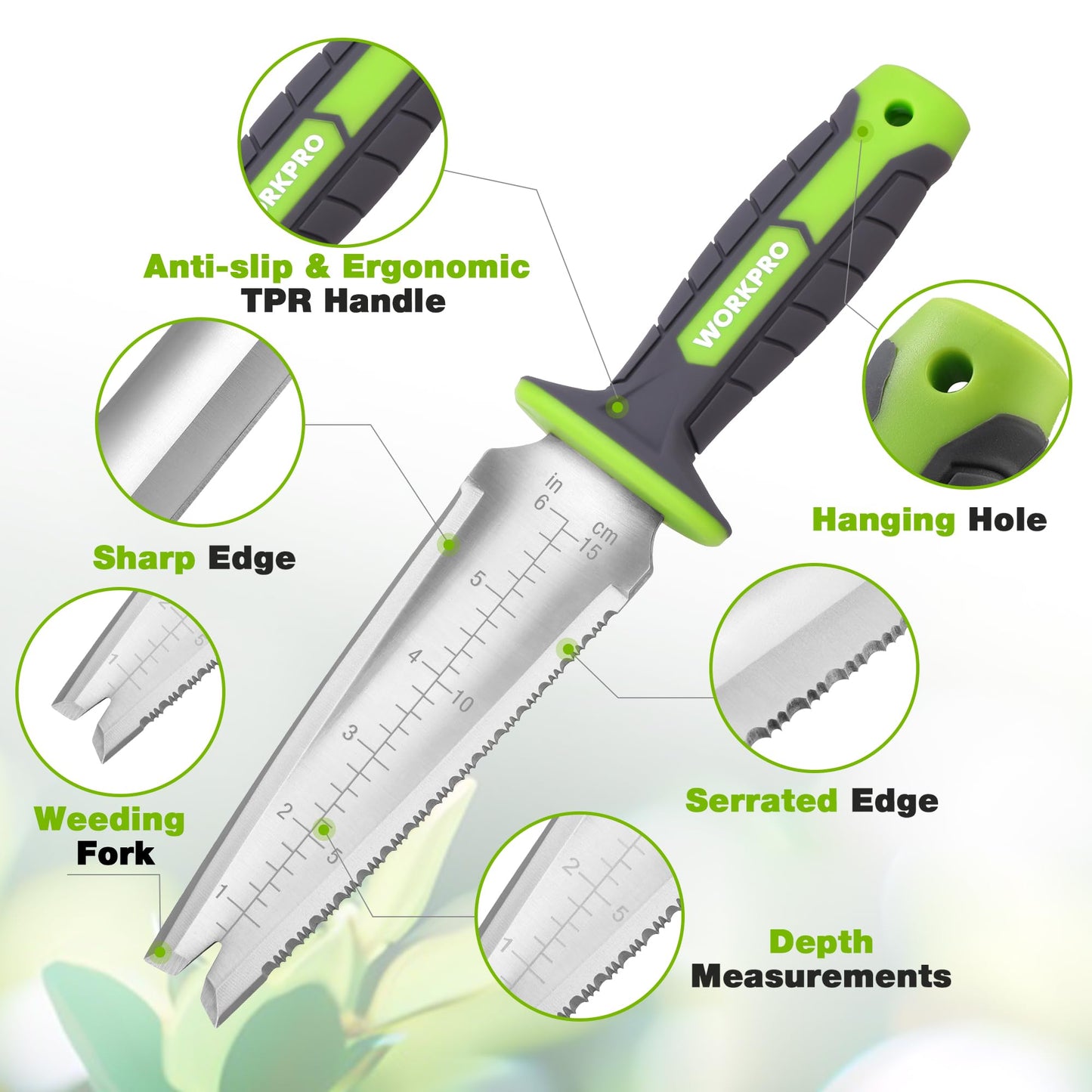 WORKPRO Hori Hori Garden Knife, 7" Stainless Steel Blade with Cutting Edge, Garden Tools with Oxford Sheath, Ergonomic TRP Handle with Hanging Hole for Weeding, Planting, Digging