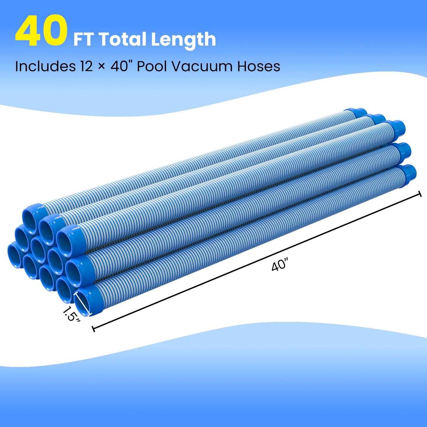 Poolvio Pool Vacuum Hose 40 Feet (12 x 40 Inch), 1.5 Inch Cuffs, Compatible with Most Inground Pool Automatic Cleaners, Blue
