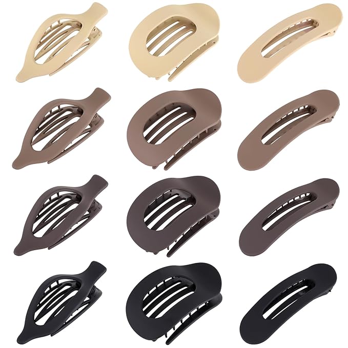 12 Pack Flat Hair Clips for Women-3 Styles Matte Neutral Flat Claw Clips, Black, Blonde,Light Brown & Dark Brown, French Duckbill Styling Accessories (Matte Neutral-4)