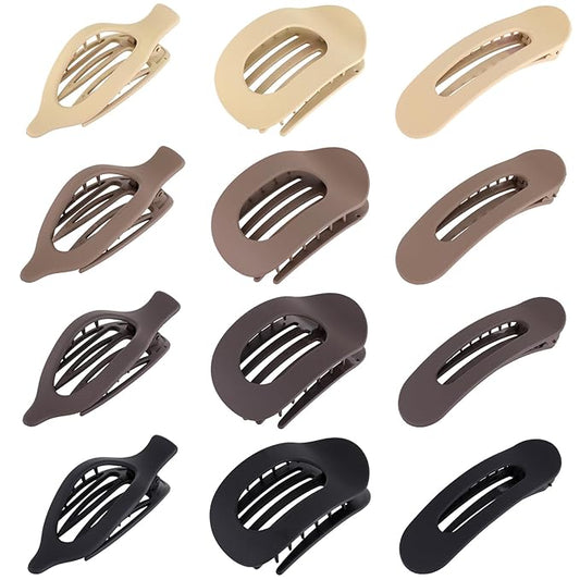 12 Pack Flat Hair Clips for Women-3 Styles Matte Neutral Flat Claw Clips, Black, Blonde,Light Brown & Dark Brown, French Duckbill Styling Accessories (Matte Neutral-4)