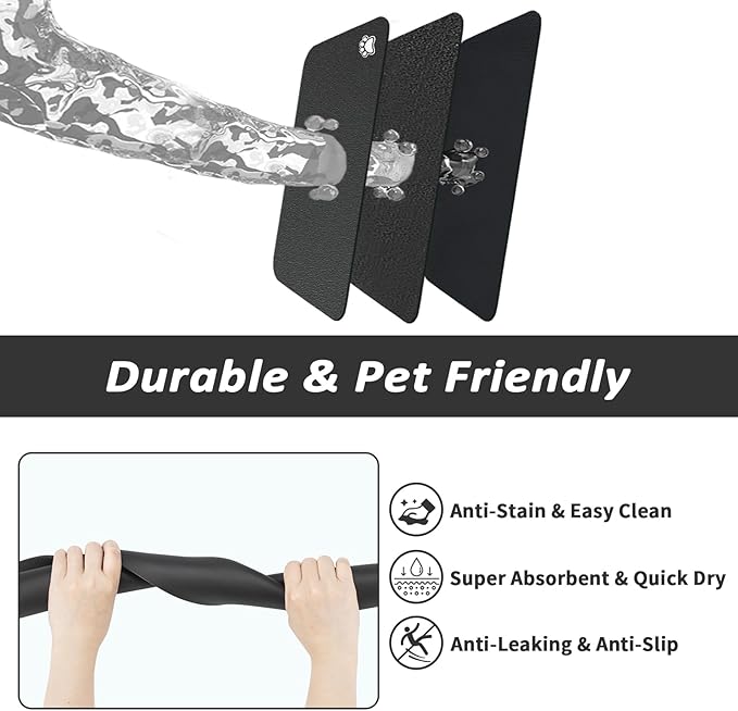 Dog Food Mat - Absorbent Cat Mat for Food and Water, No Stains Pet Feeding Bowl Mat, Easy to Clean Pet Placemats, Quick Dry Dog Water Dispenser Mat for Messy Drinkers | Paw Black 18"x 34"