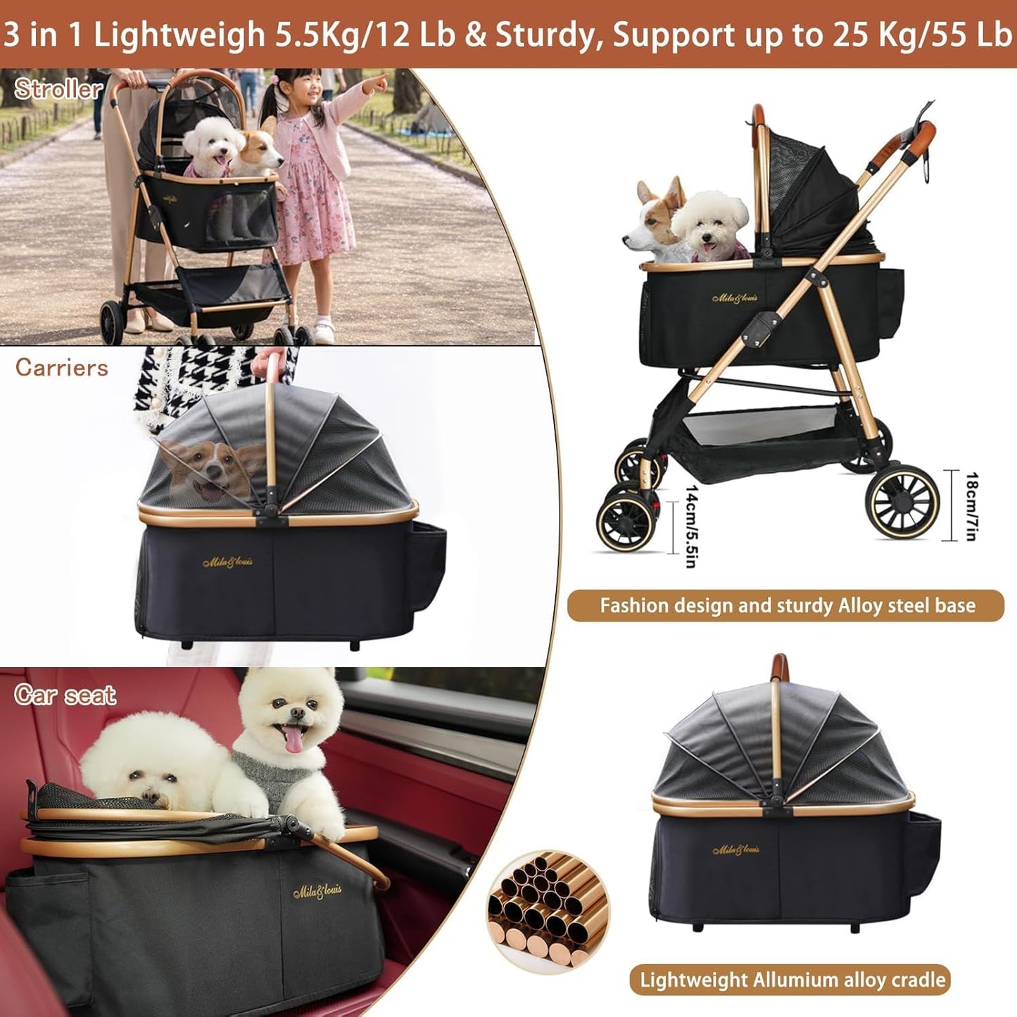 MILA&LOUIS Dog Stroller, 24" Pet Cradle, Lightweight & Stylish Pet Stroller for Small and Medium Pets, 33 Lbs Capacity with Cup Holder, Hook, Detachable Aluminum Cradle (Black)