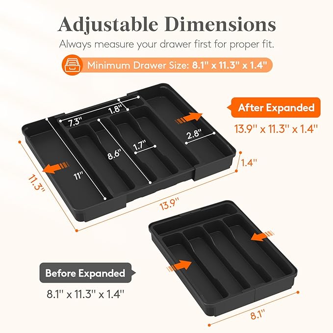 Lifewit Silverware Organizer for Drawer, Expandable Utensil Tray, BPA-Free Adjustable Cutlery Holder for Kitchen Storage, 8.1-13.9 x 11.3, Black